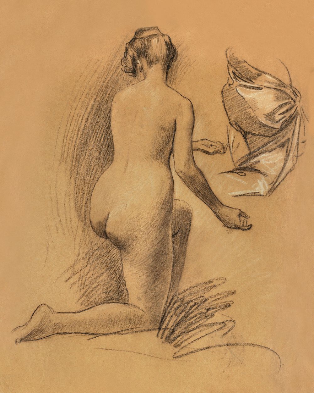 Woman showing her nude bum. Study of Kneeling Nude Figure (1900) by Louis Schaettle. Original from The Smithsonian.…