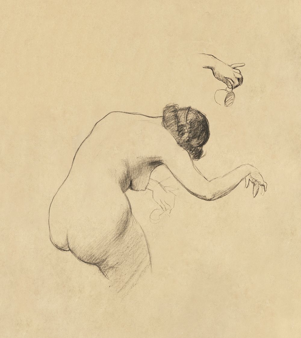 Naked woman showing her bottom.  Study of Bending Nude Figure Holding Cup (1900) by Louis Schaettle. Original from The…