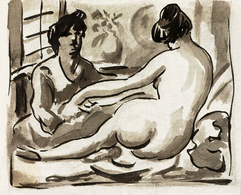 Woman showing off naked bum, vintage nude illustration. Reclining Female Nude with Attendant by Carl Newman. Original from…