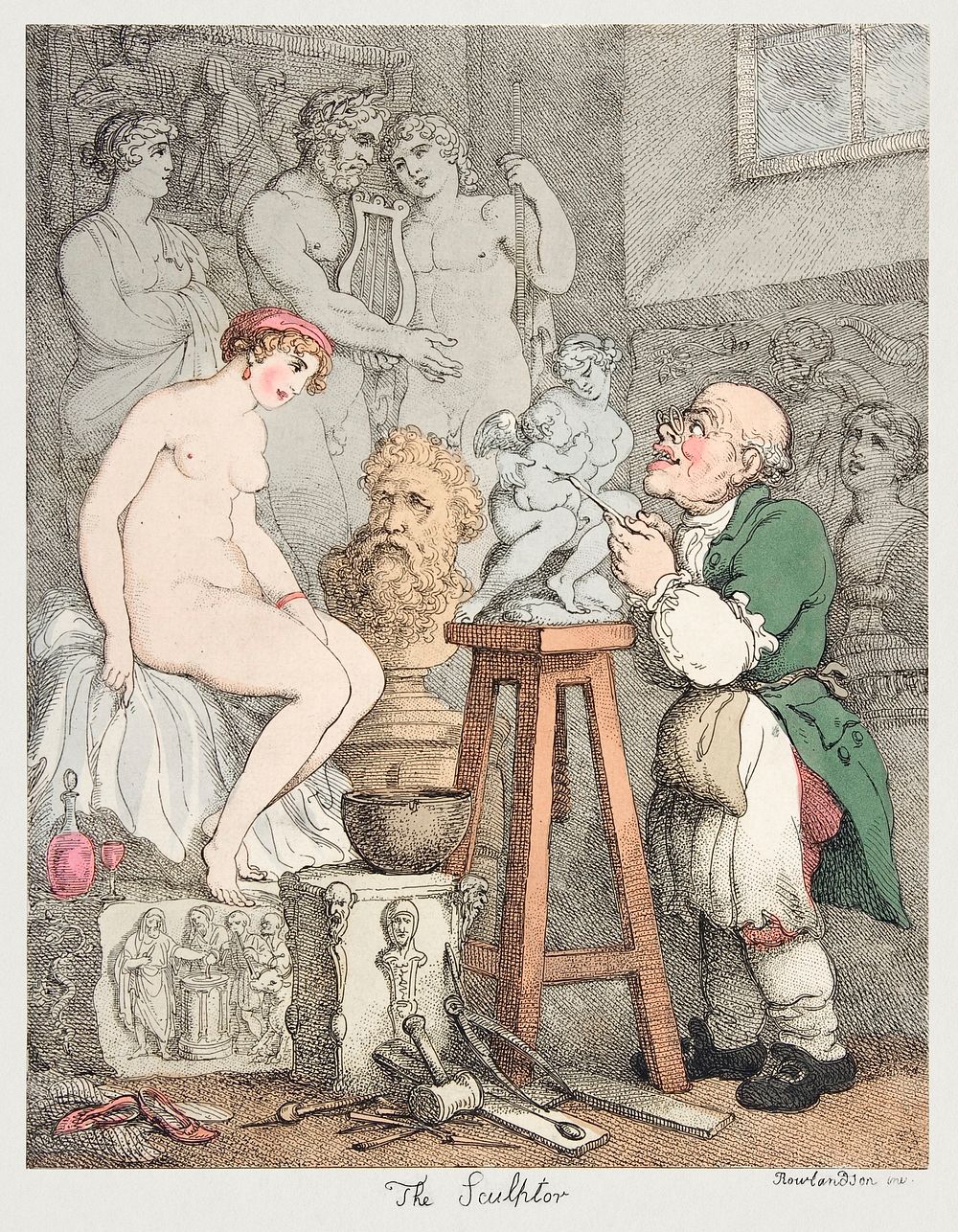 The Sculptor [Preparations for the Academy, Old Joseph Nollekens and his Venus] (ca. 1800) by Thomas Rowlandson. Original…