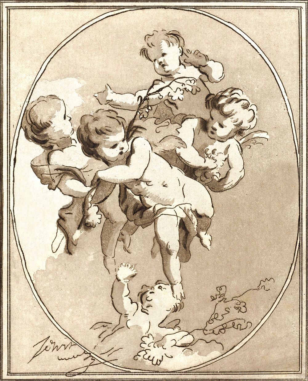 Vijf putti met bloemtakken (ca. 1778&ndash; 1838) by Anthonie van den Bos. Original from The Rijksmuseum. Digitally enhanced…