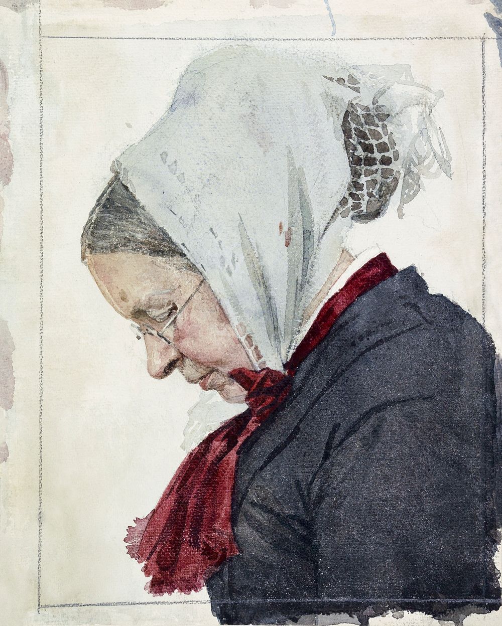 Oude vrouw met hoofddoek en rode sjaal (ca. 1874&ndash;1925) by Jan Veth. Original from The Rijksmuseum. Digitally enhanced…