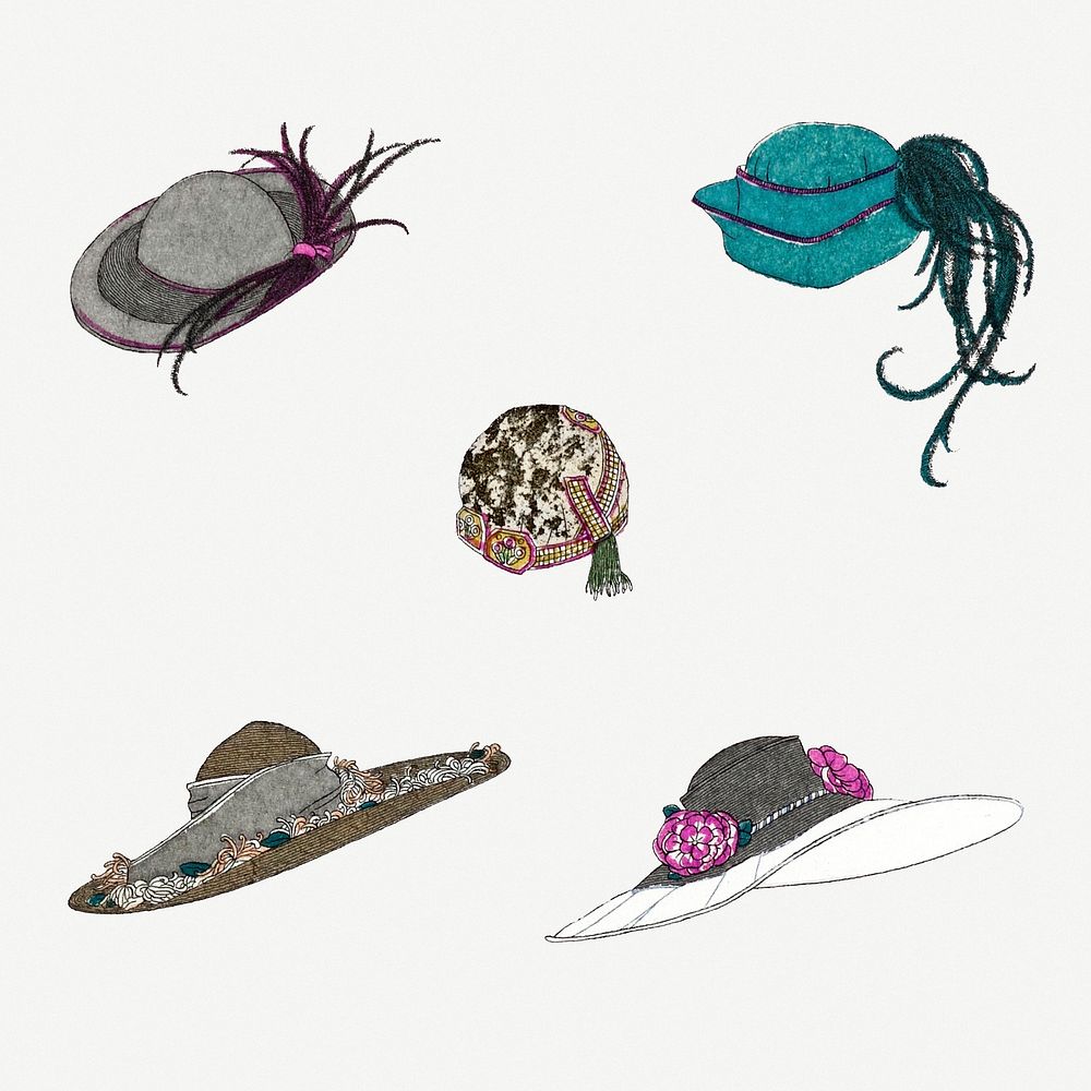 Vintage ladies hat psd illustration set, remix from artworks by Charles Martin