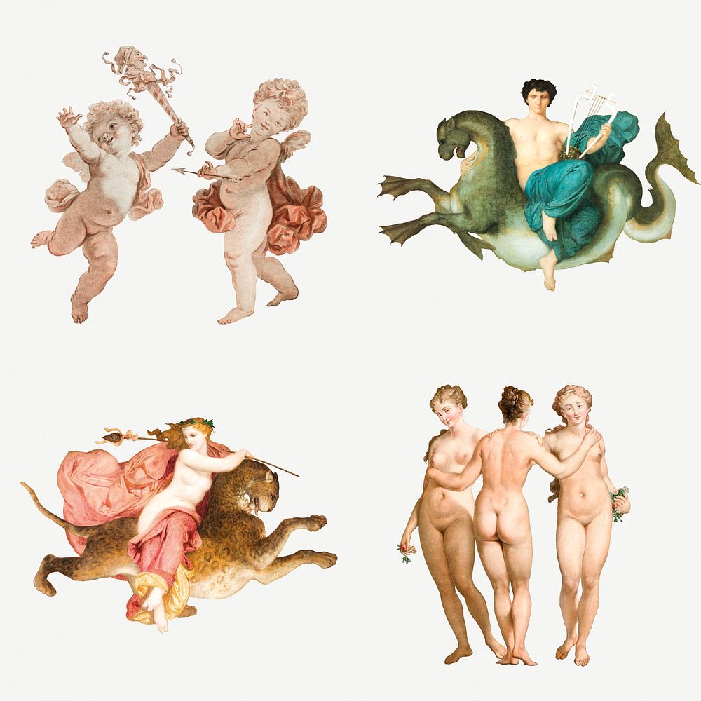 Vintage cupid, gods and nude woman psd illustration set