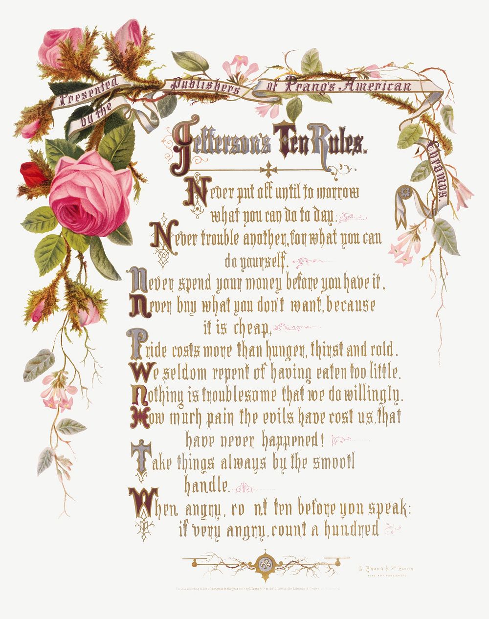 Jefferson's ten rules. Presented by the publishers of Prang's American chromos (1873) in high resolution by L. Prang & Co.…