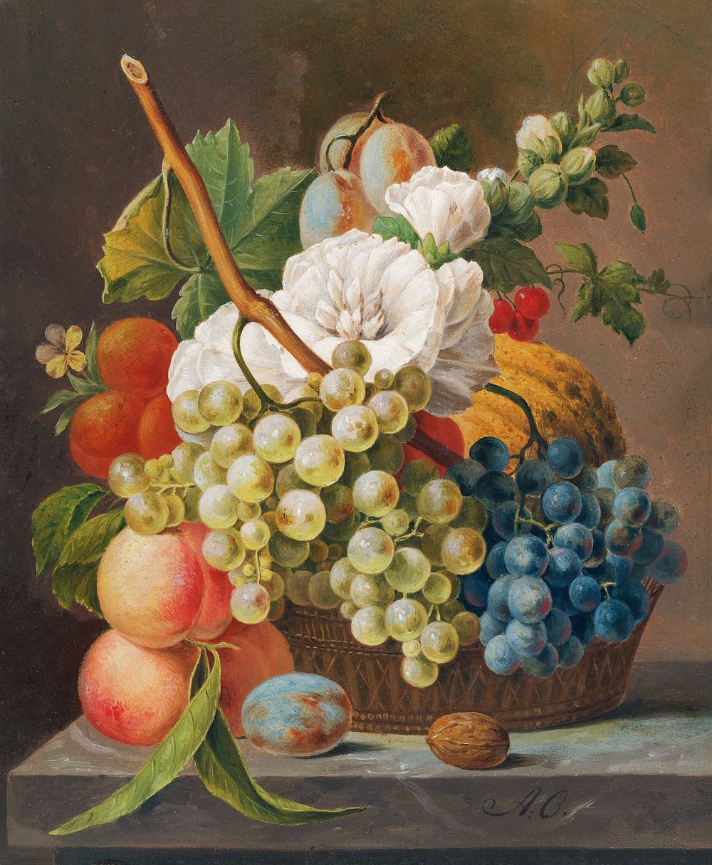 Stilleven met bloemen en fruit in een mandje (ca. 1791) in high resolution by Anthony Oberman. Original from The…