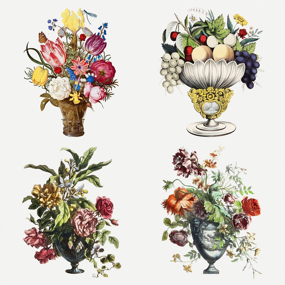 Vintage colorful flowers psd illustration set