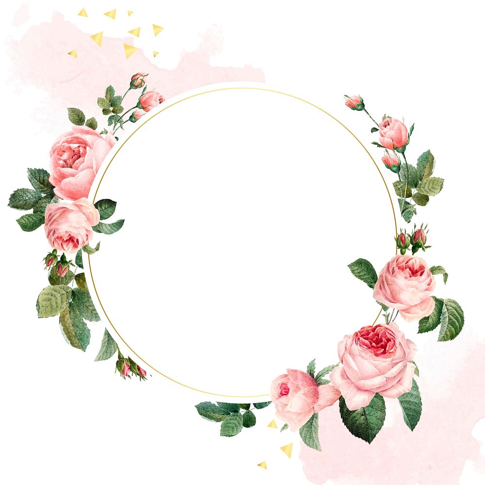 Blank round pink roses frame vector on white and pink background