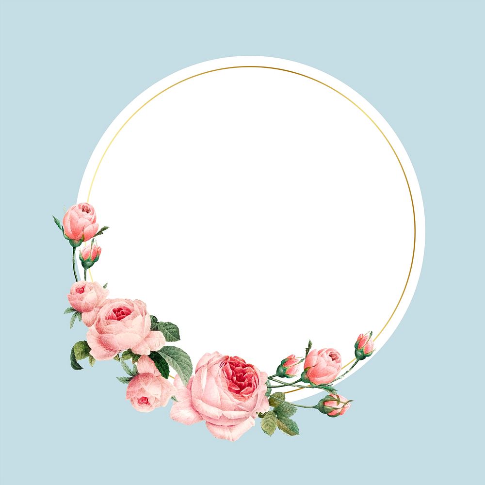 Blank round pink roses frame vector on blue background