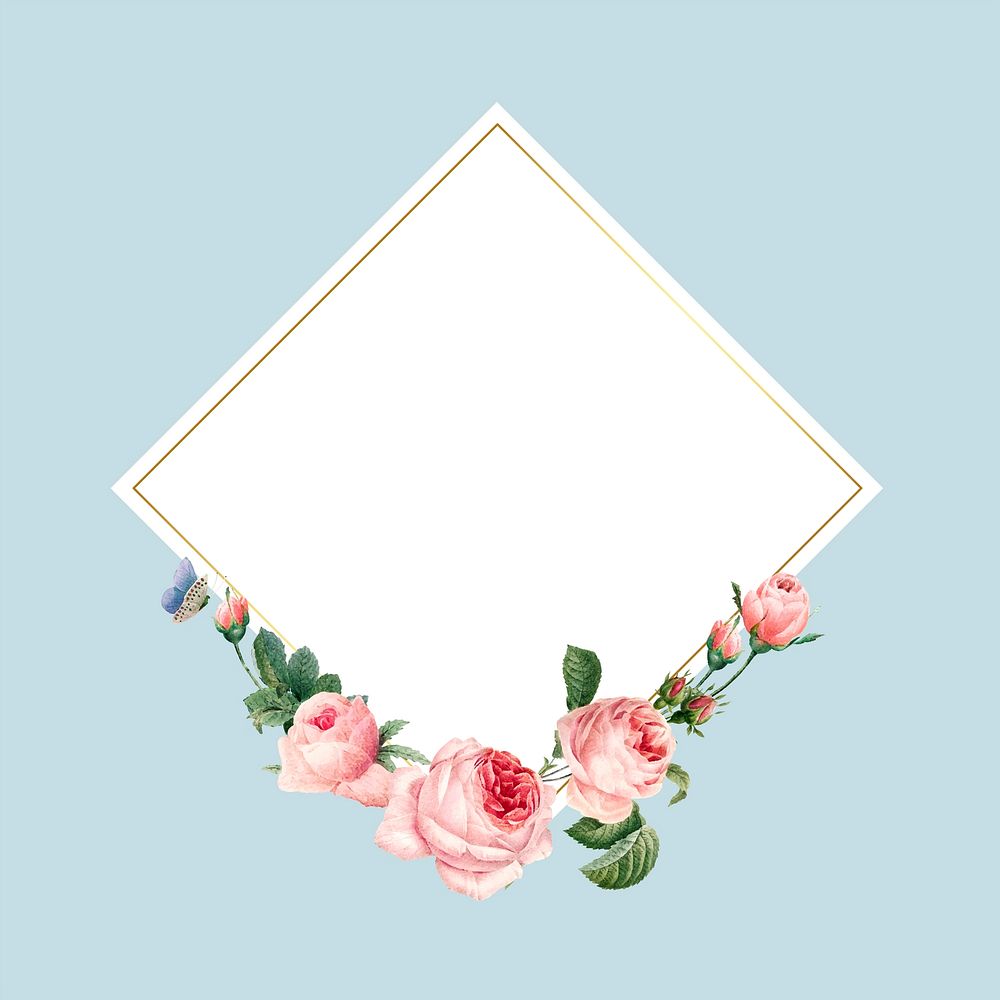 Blank square pink roses frame on blue background vector