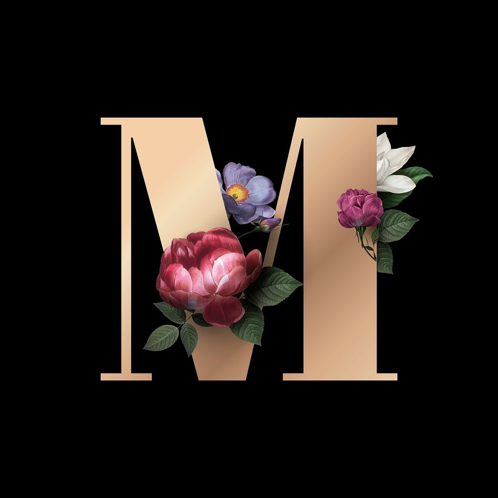 Classic and elegant floral alphabet font letter M