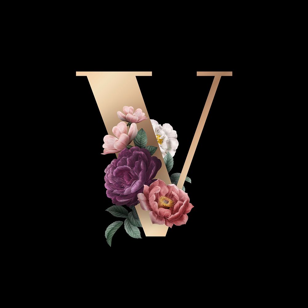 Classic and elegant floral alphabet font letter V