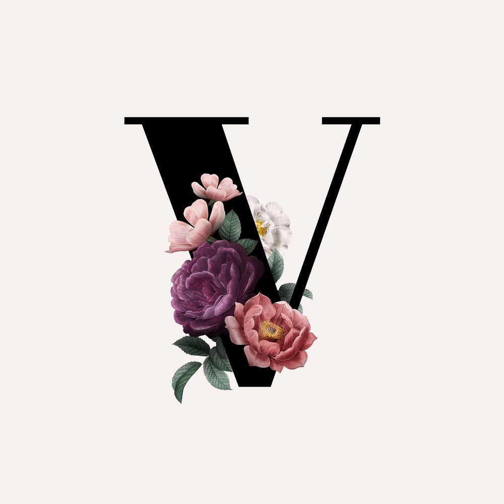 Classic and elegant floral alphabet font letter V