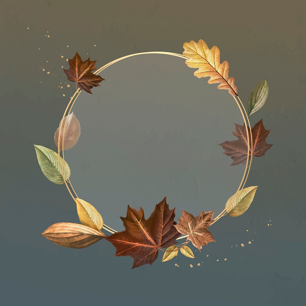 Autumn leafy round gold frame vector