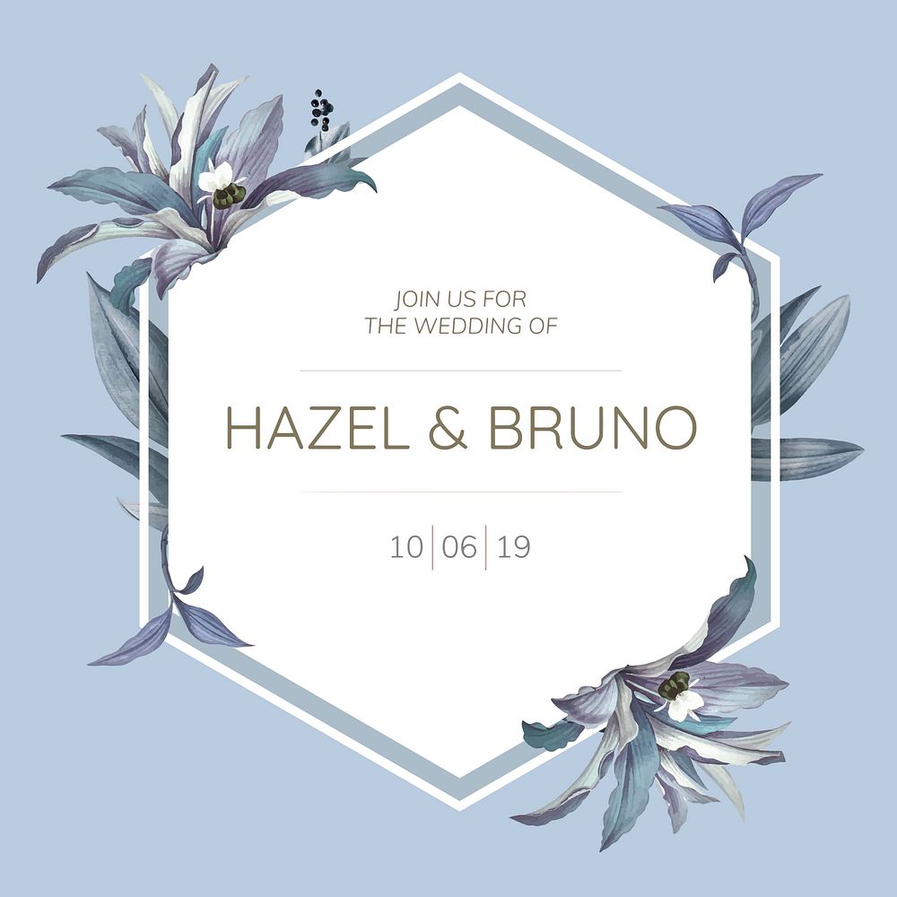 Wedding invitation card with blue leaves design vector