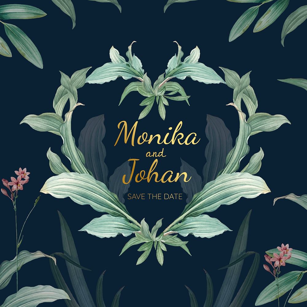 Wedding invitation card with green leaves vector