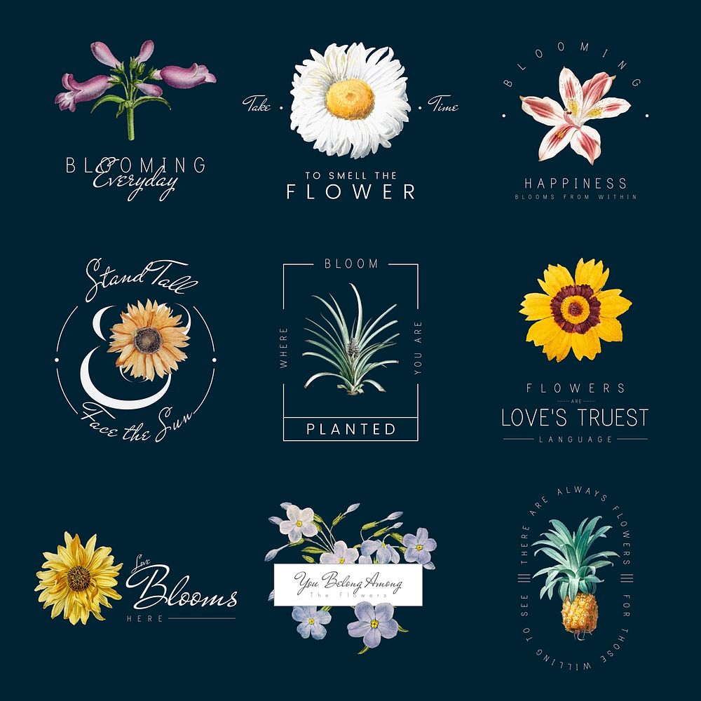 Hand drawn flowers with positive quotes vector set