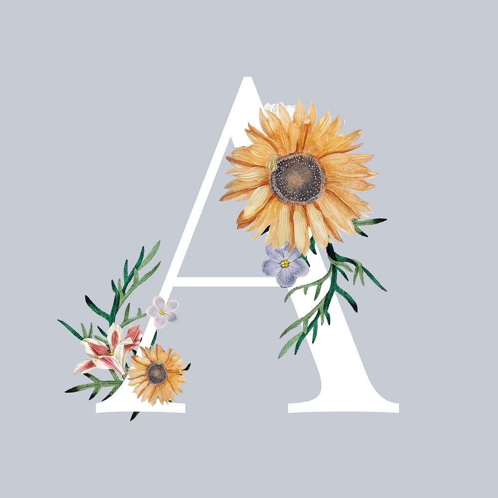 White alphabet A decorated with various flowers vector