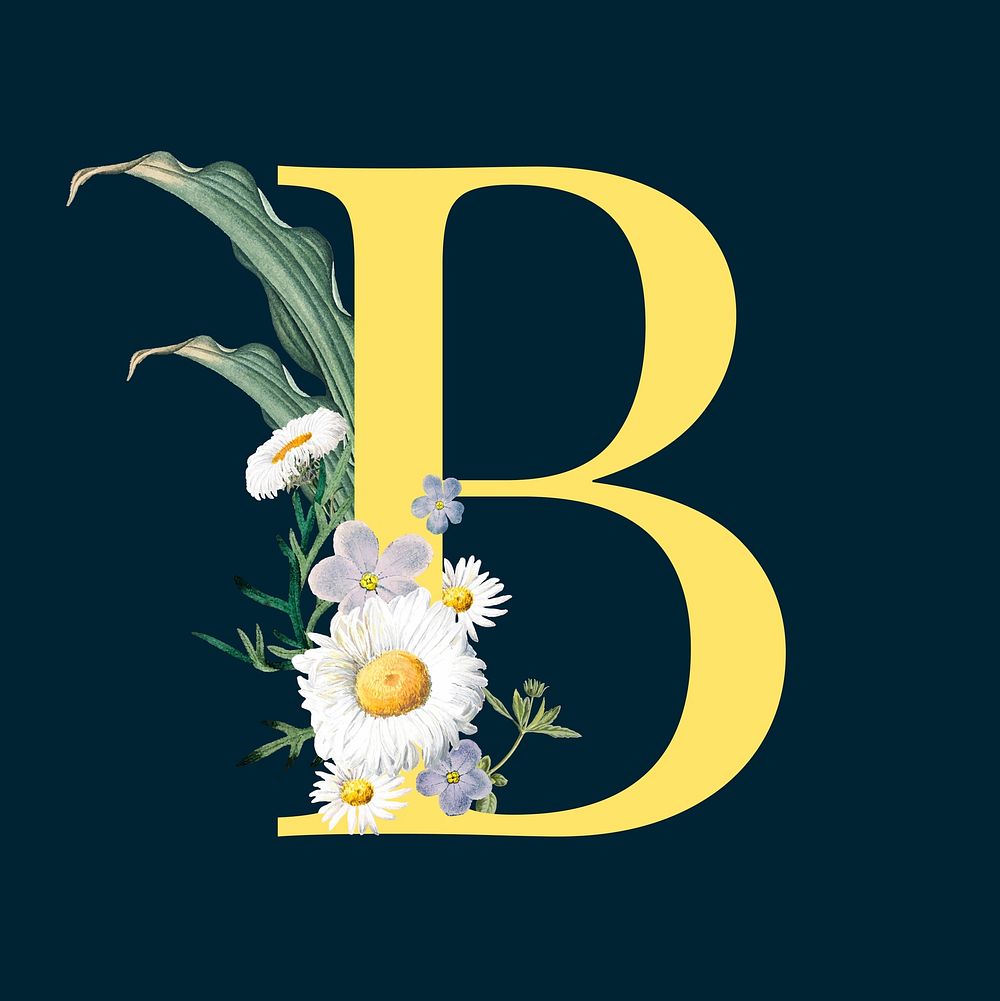 Yellow alphabet B decorated with hand drawn mums and phlox vector