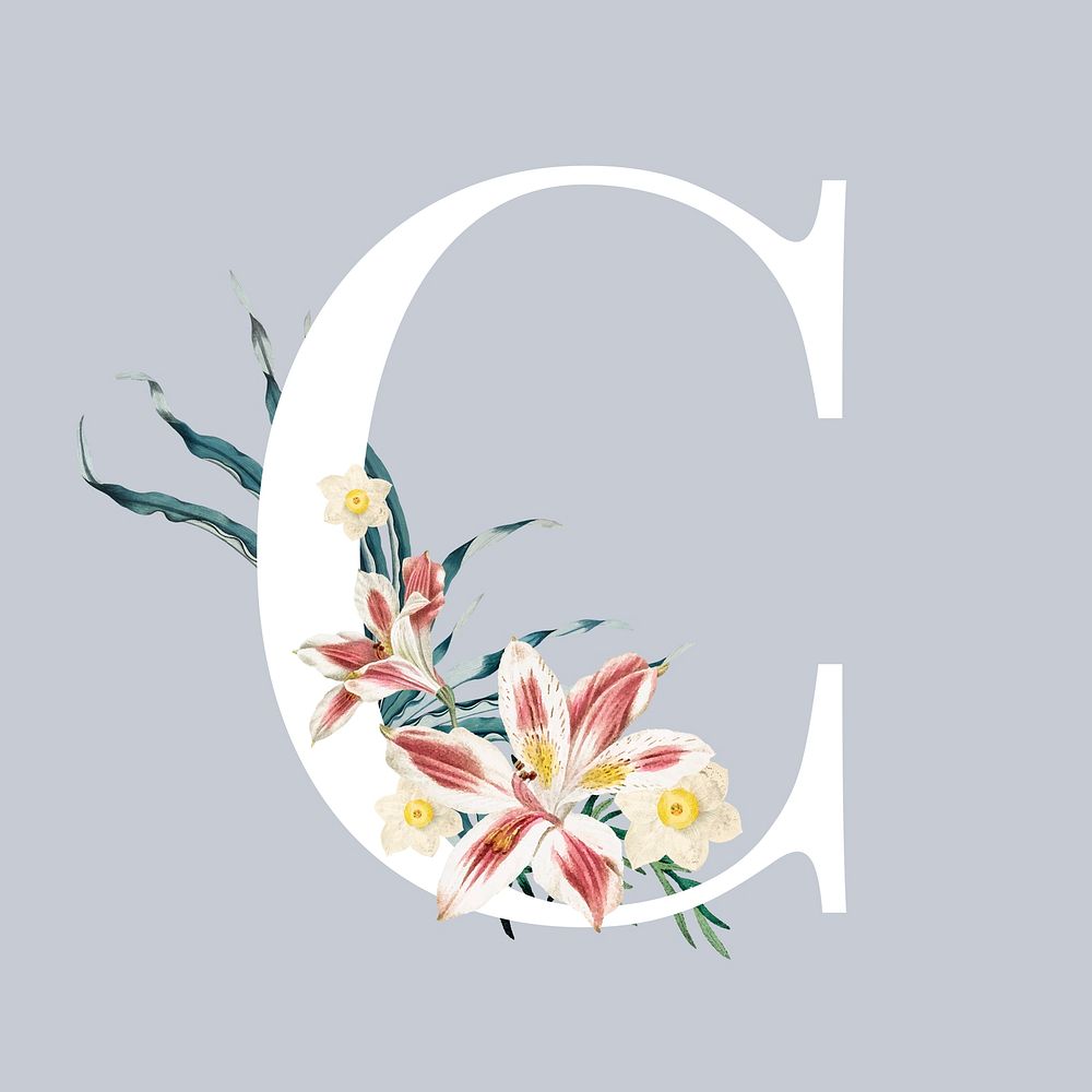 White alphabet C decorated with hand drawn lily flowers vector