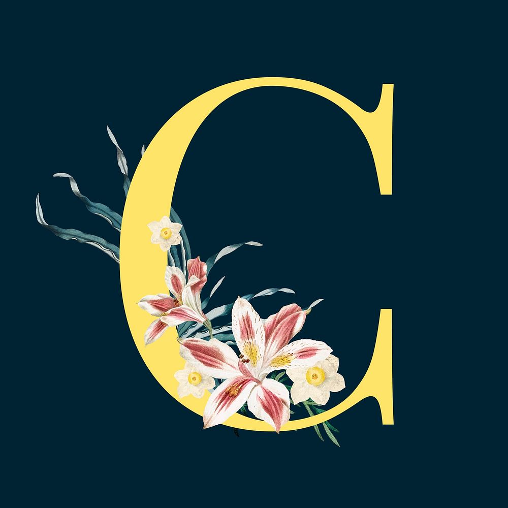 Yellow alphabet C decorated with hand drawn lily flowers vector
