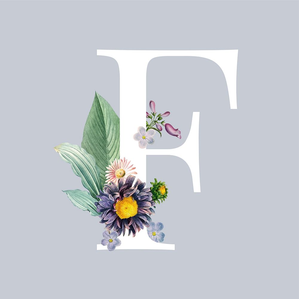 White letter F decorated with hand drawn various flowers vector