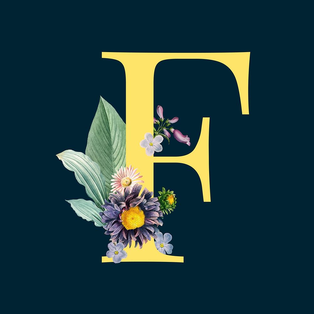 Yellow letter F decorated with hand drawn various flowers vector