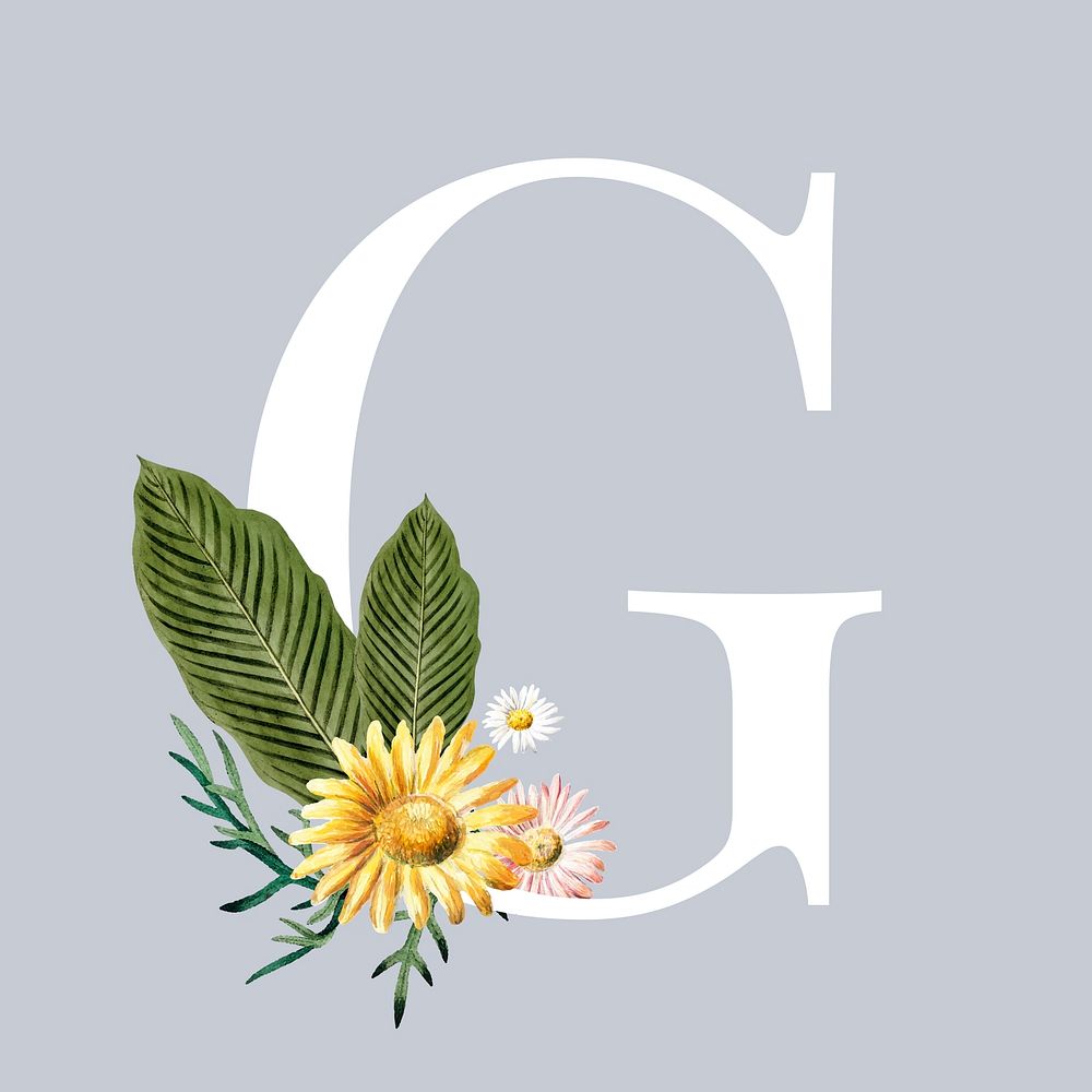 White letter G decorated with hand drawn mums flowers vector
