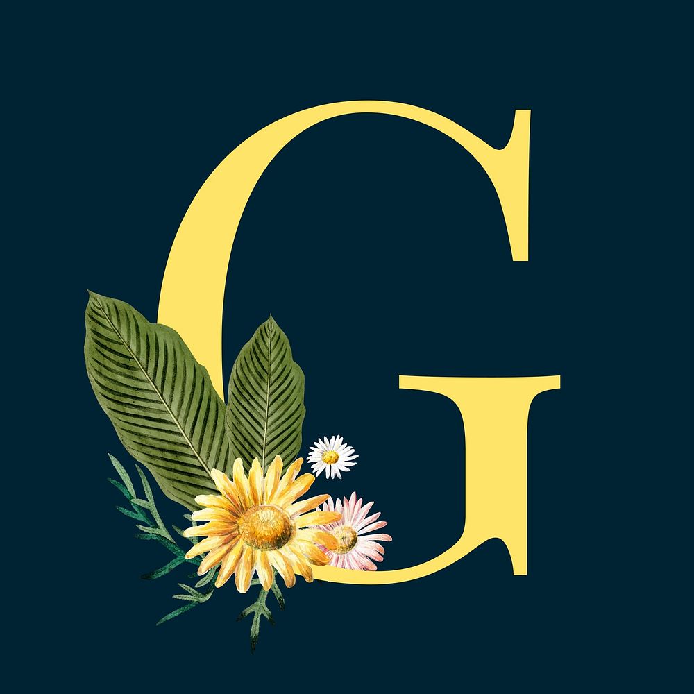 Yellow letter G decorated with hand drawn mums flowers vector