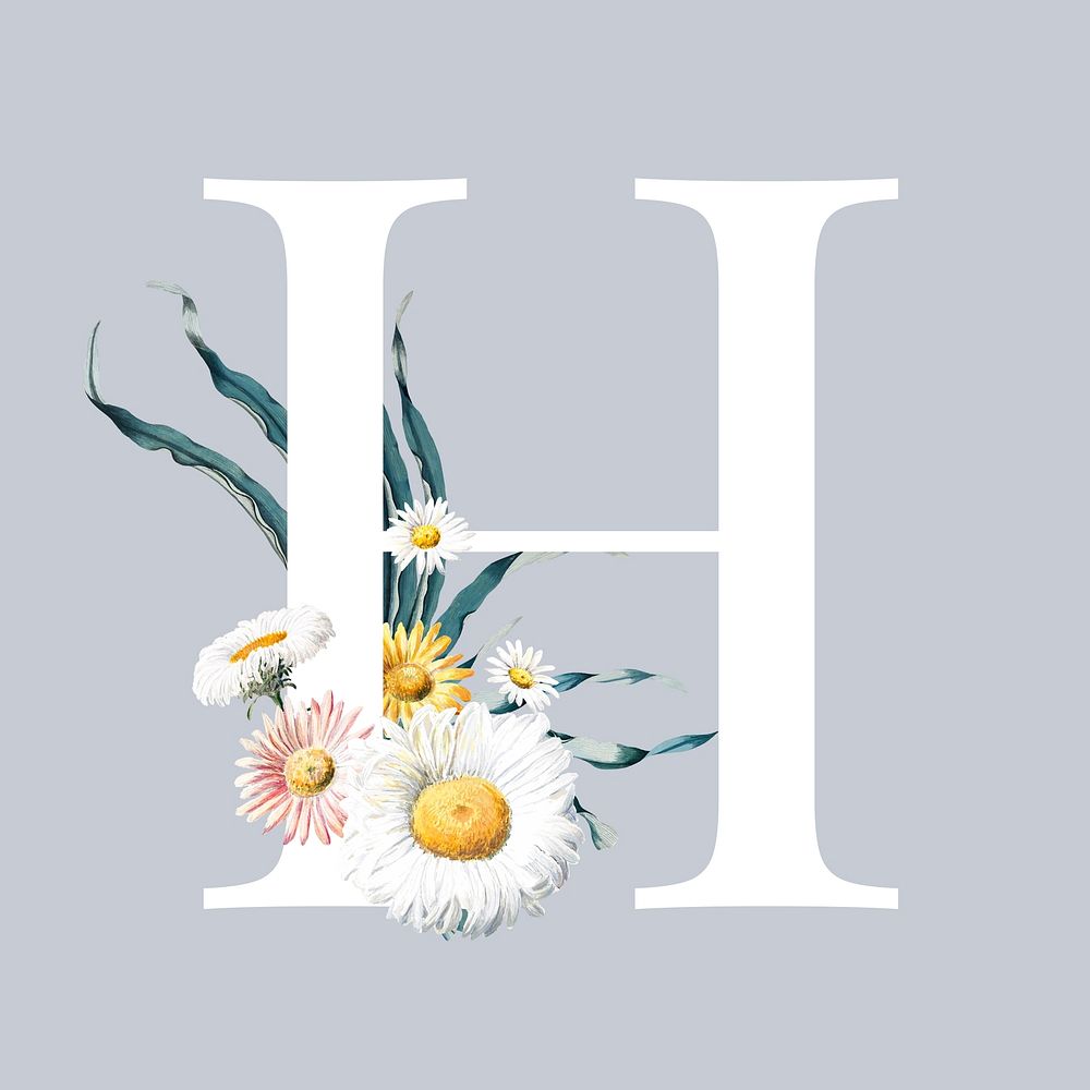 White letter H decorated with hand drawn mums flowers vector