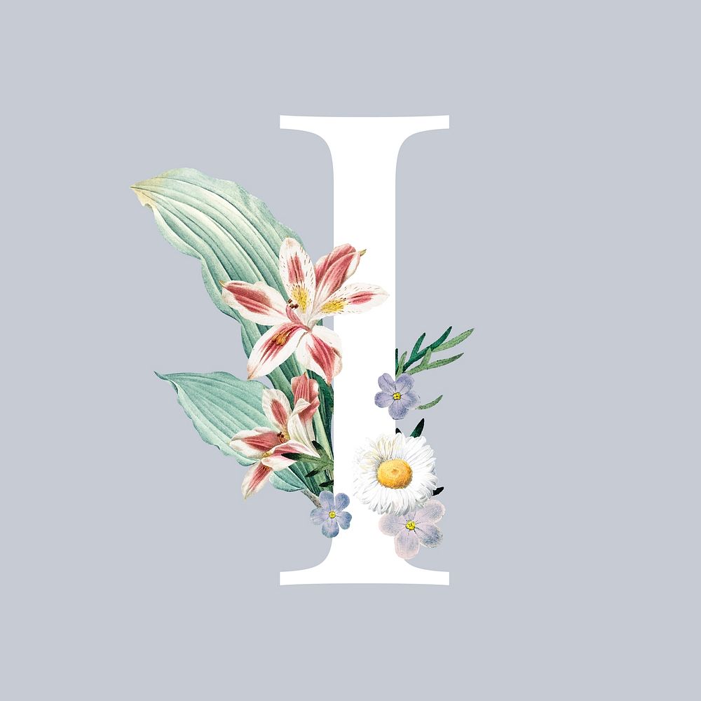 White letter I decorated with hand drawn various flowers vector