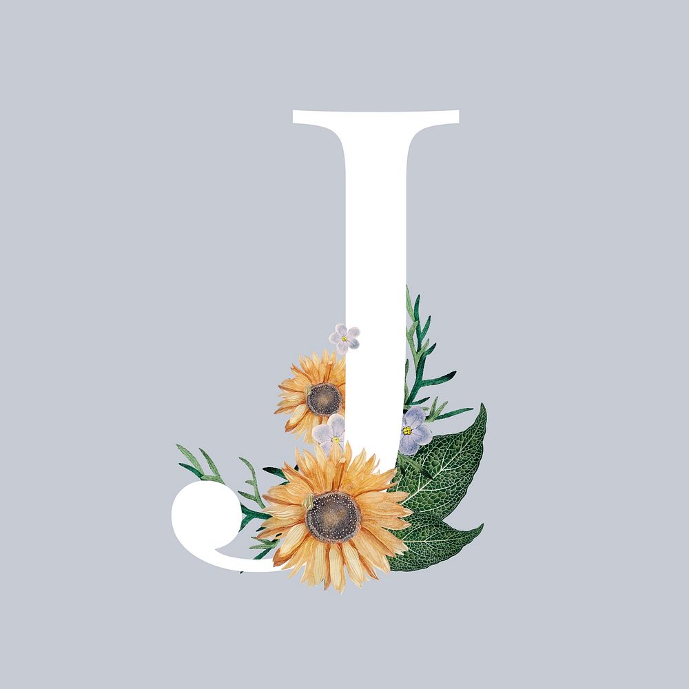 White alphabet J decorated with hand drawn various flowers vector