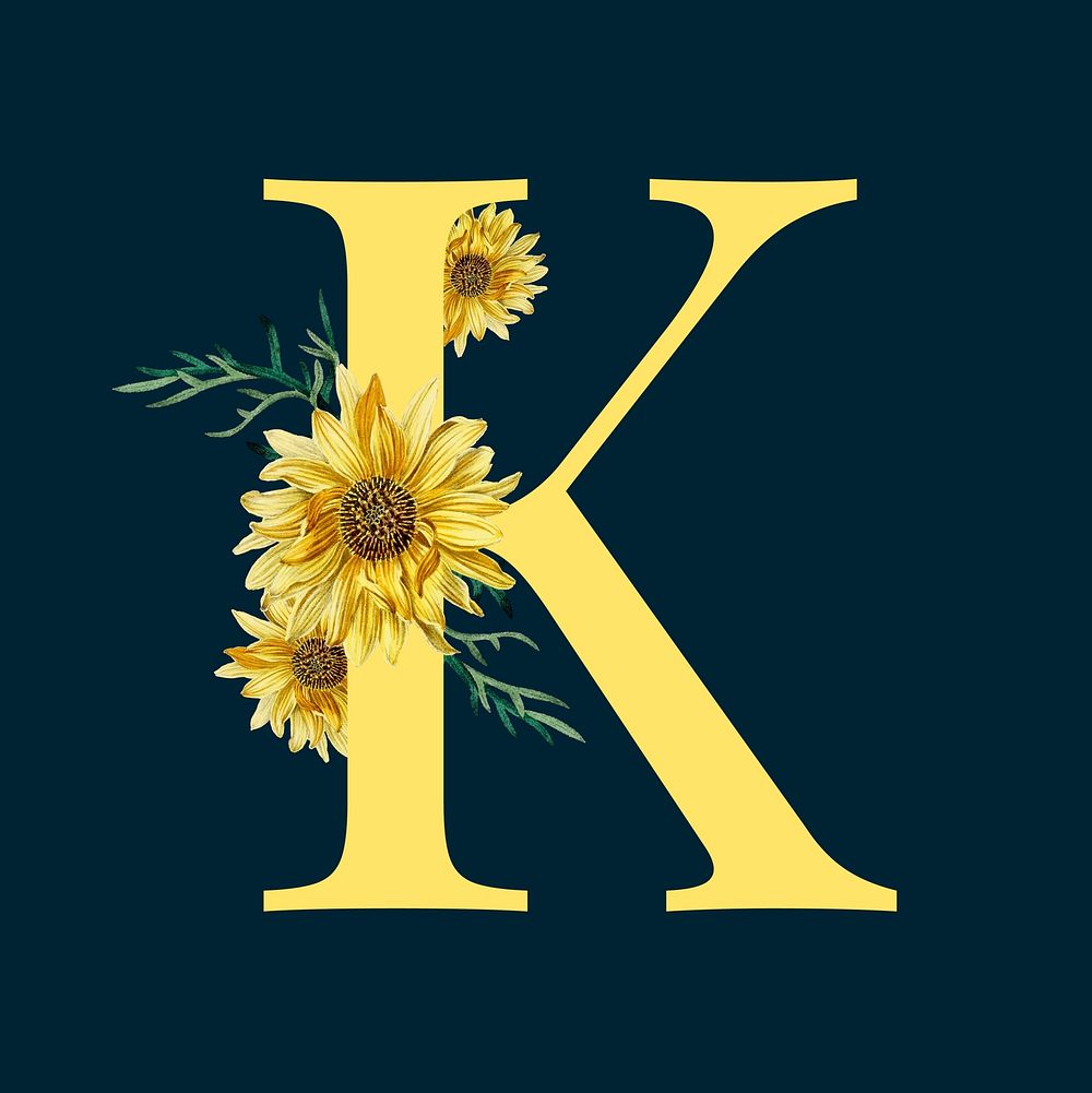 Yellow alphabet K C decorated with hand drawn sunflower vector