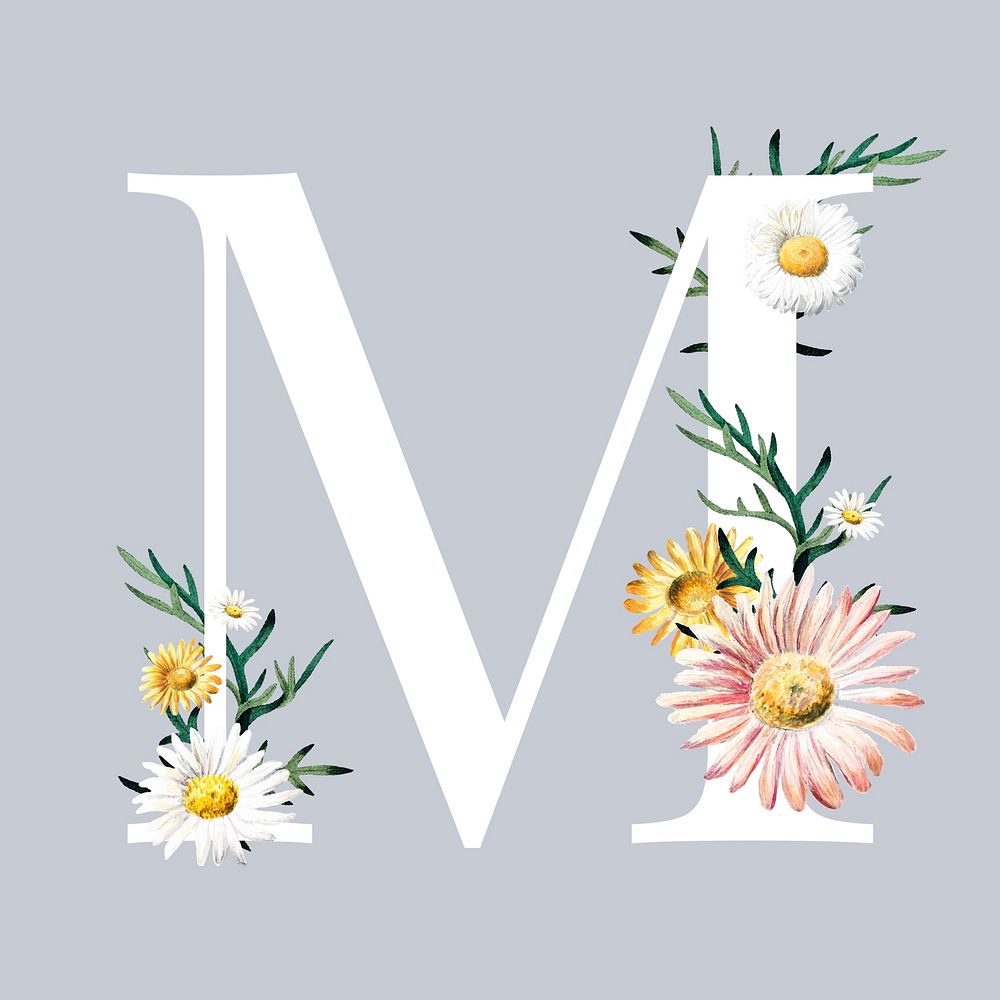 letter M decorated with hand drawn mums flowers vector