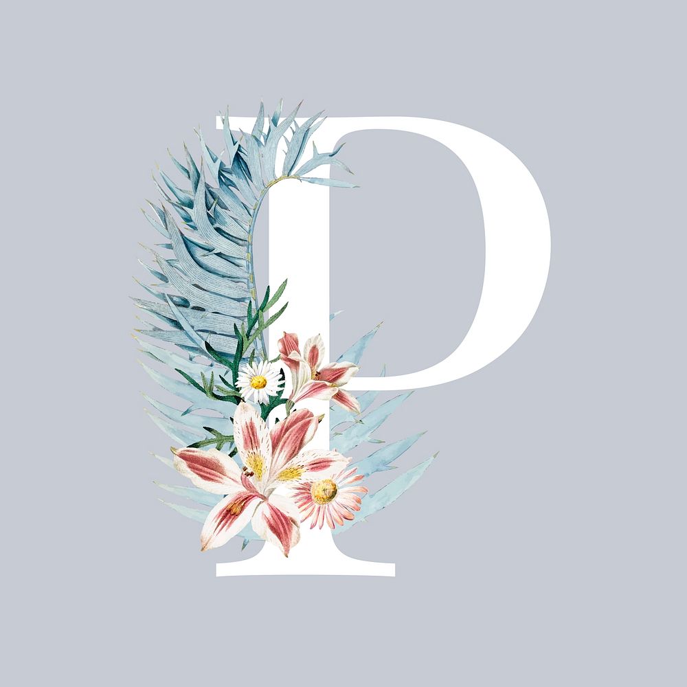 White alphabet P decorated with hand drawn lily and mums flowers vector