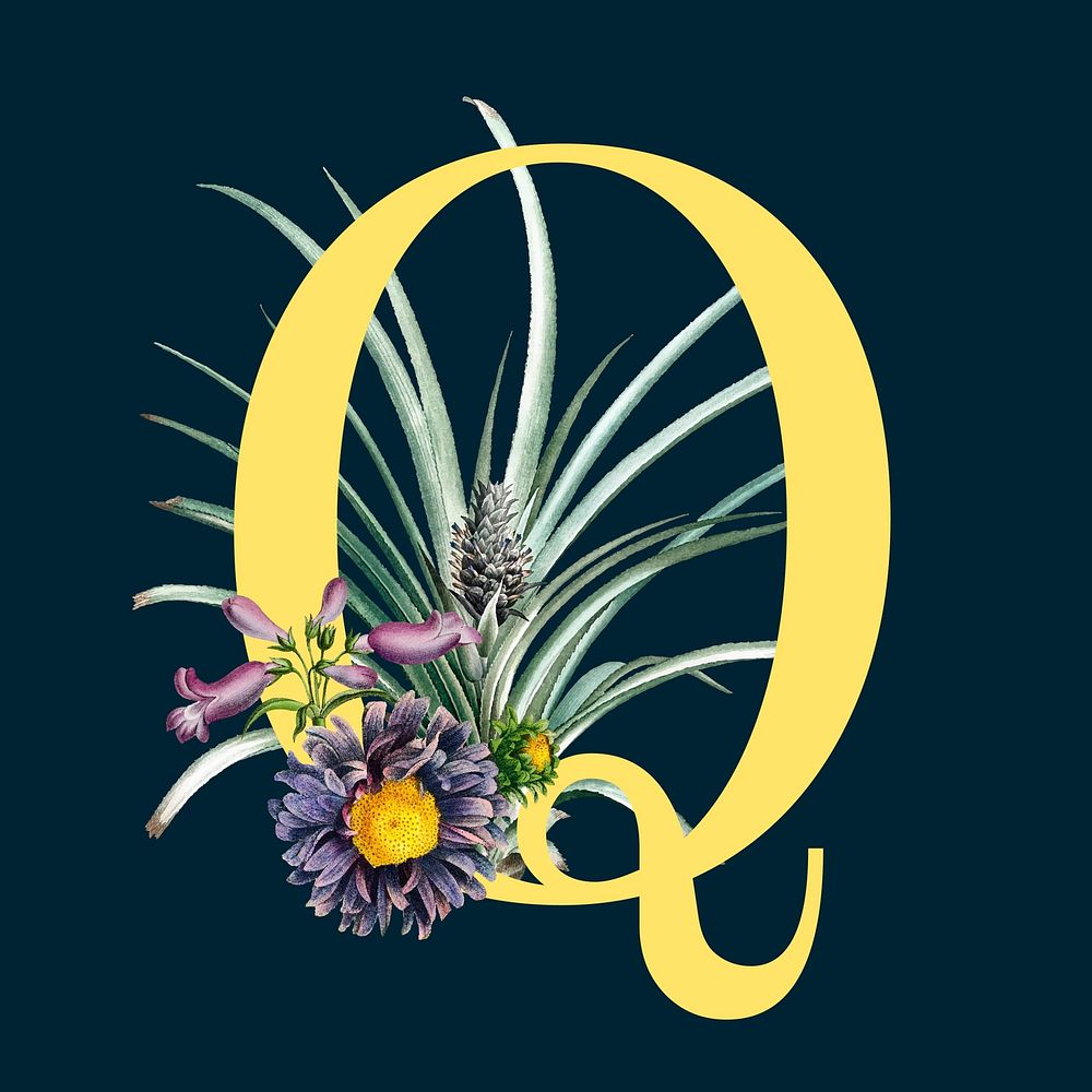 Yellow letter Q decorated with hand drawn various flowers vector