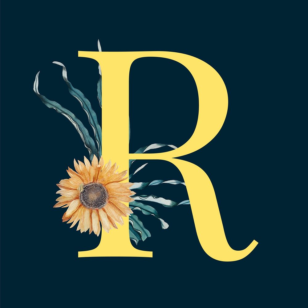 Yellow alphabet R decorated with hand drawn sunflower vector