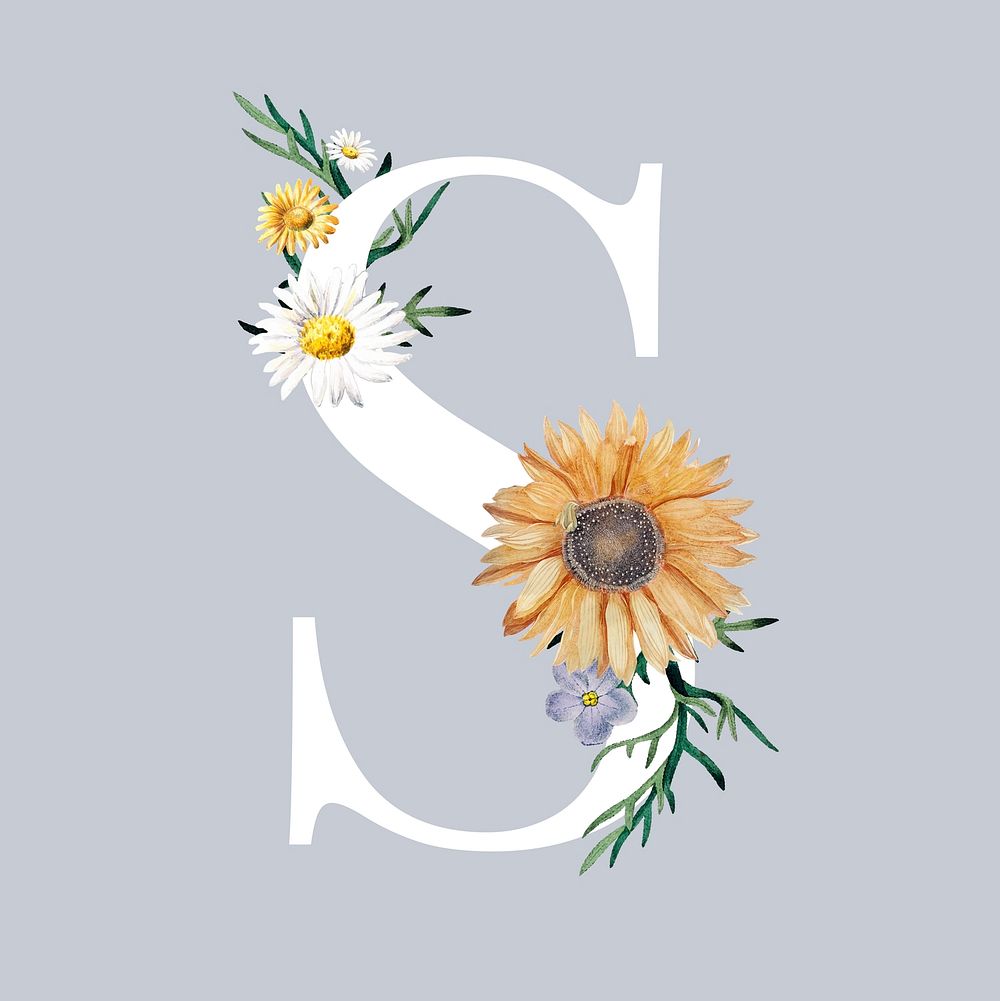 White alphabet S decorated with hand drawn various flowers vector