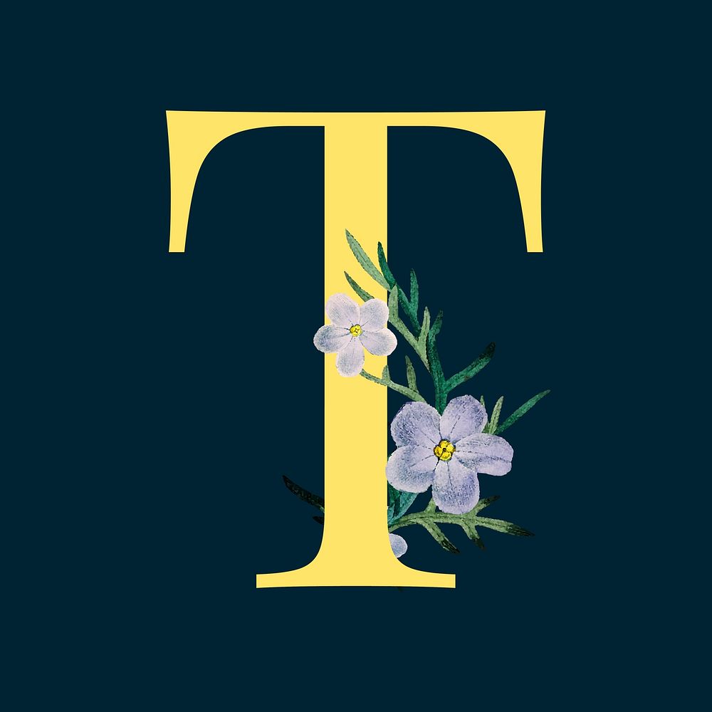 Yellow letter T decorated with hand drawn phlox vector