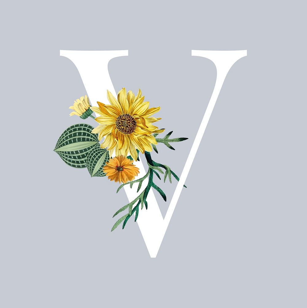 White alphabet V decorated with hand drawn various flowers vector