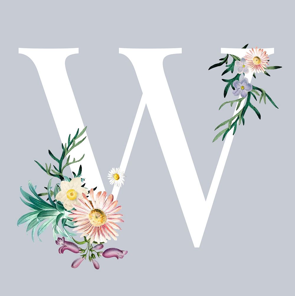 White alphabet W decorated with hand drawn various flowers vector