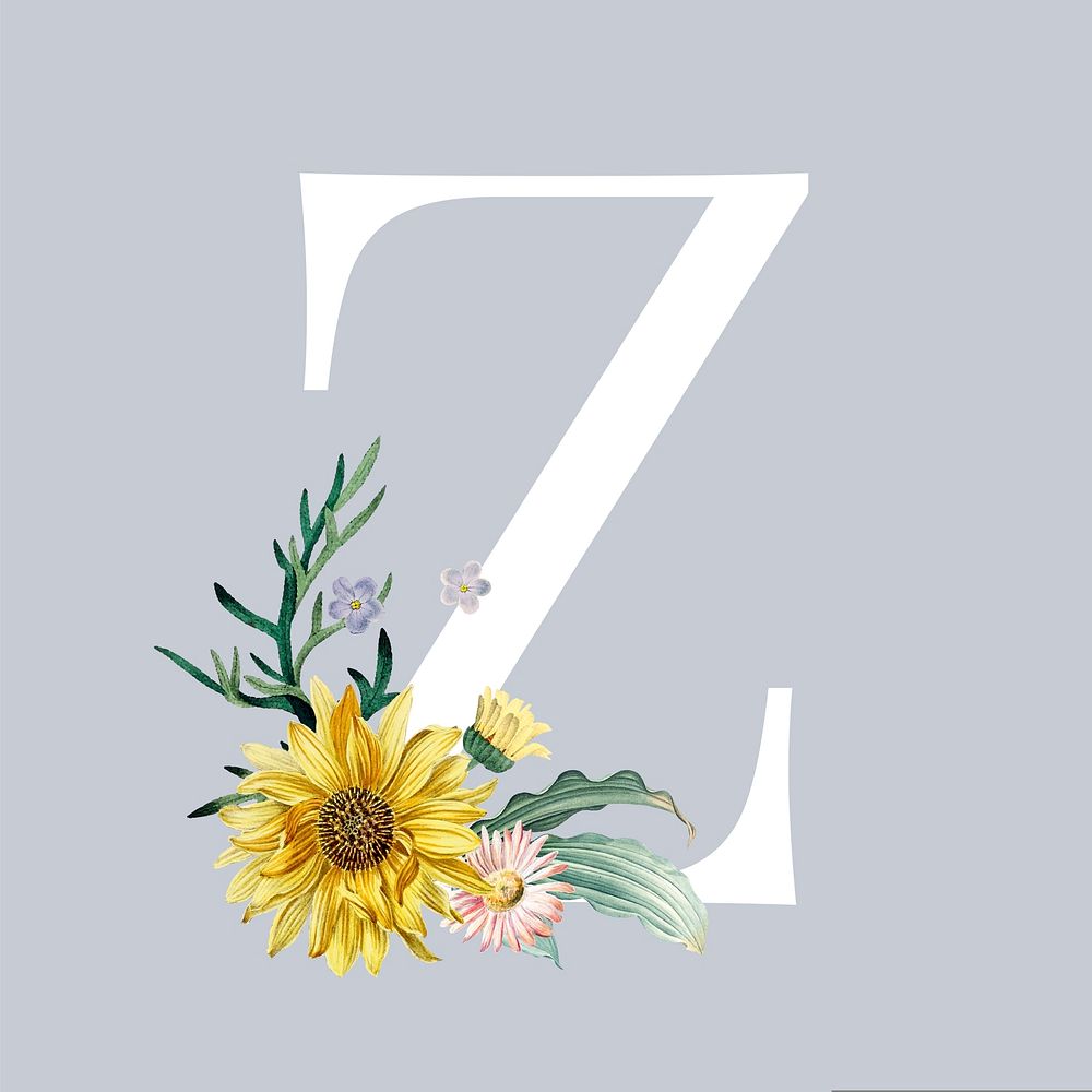 White letter Z decorated with hand drawn various flowers vector