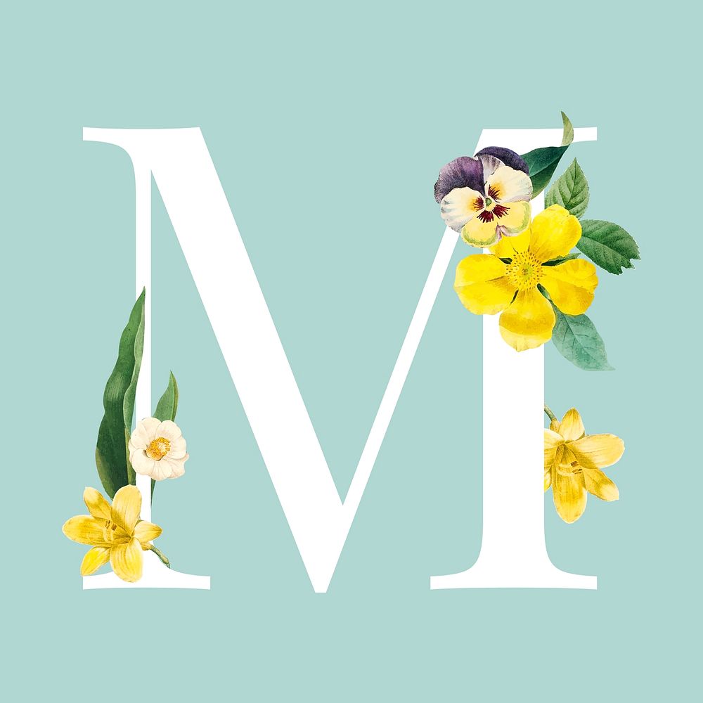 Floral capital letter M alphabet vector
