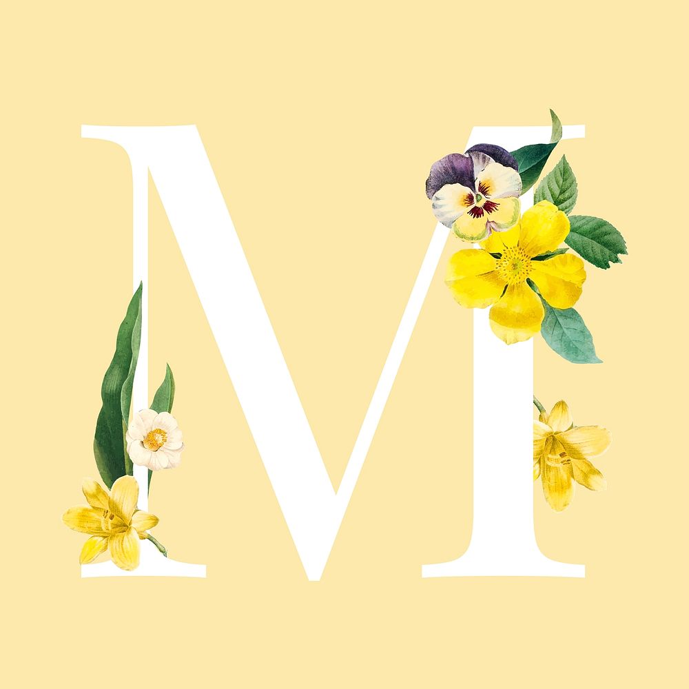 Floral capital letter M alphabet vector