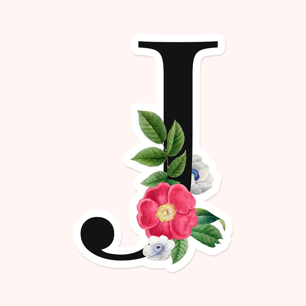 Flower decorated capital letter J sticker vector