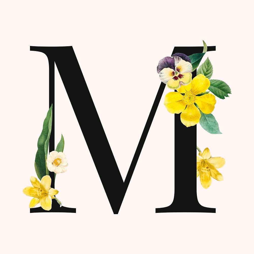 Flower decorated capital letter M typography vector