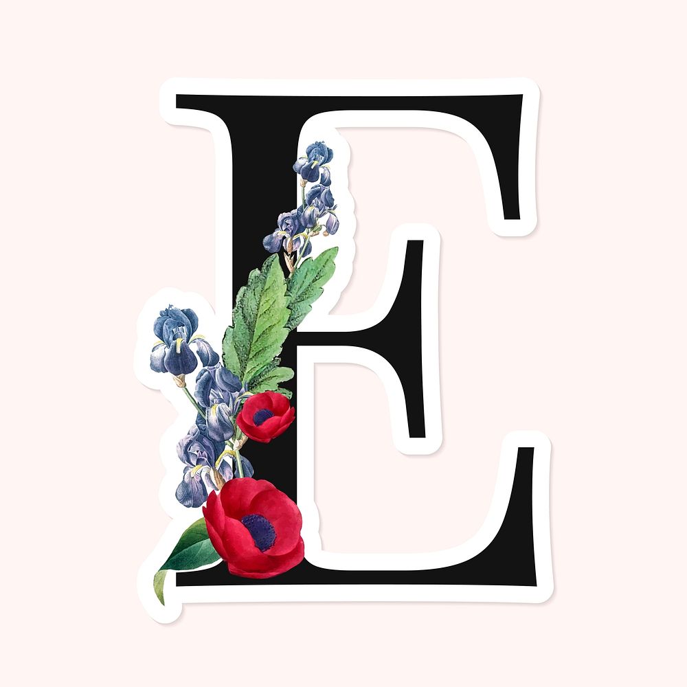 Flower decorated capital letter E sticker vector