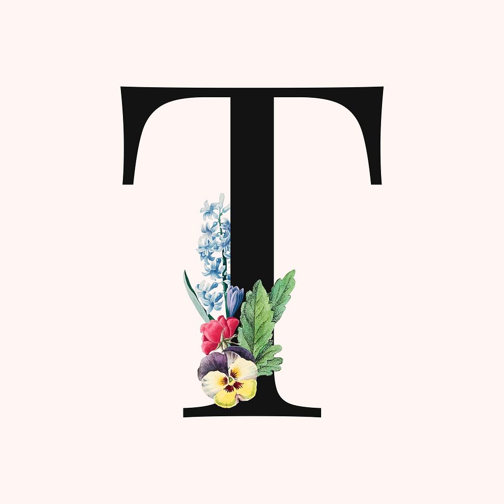 Flower decorated capital letter T typography vector