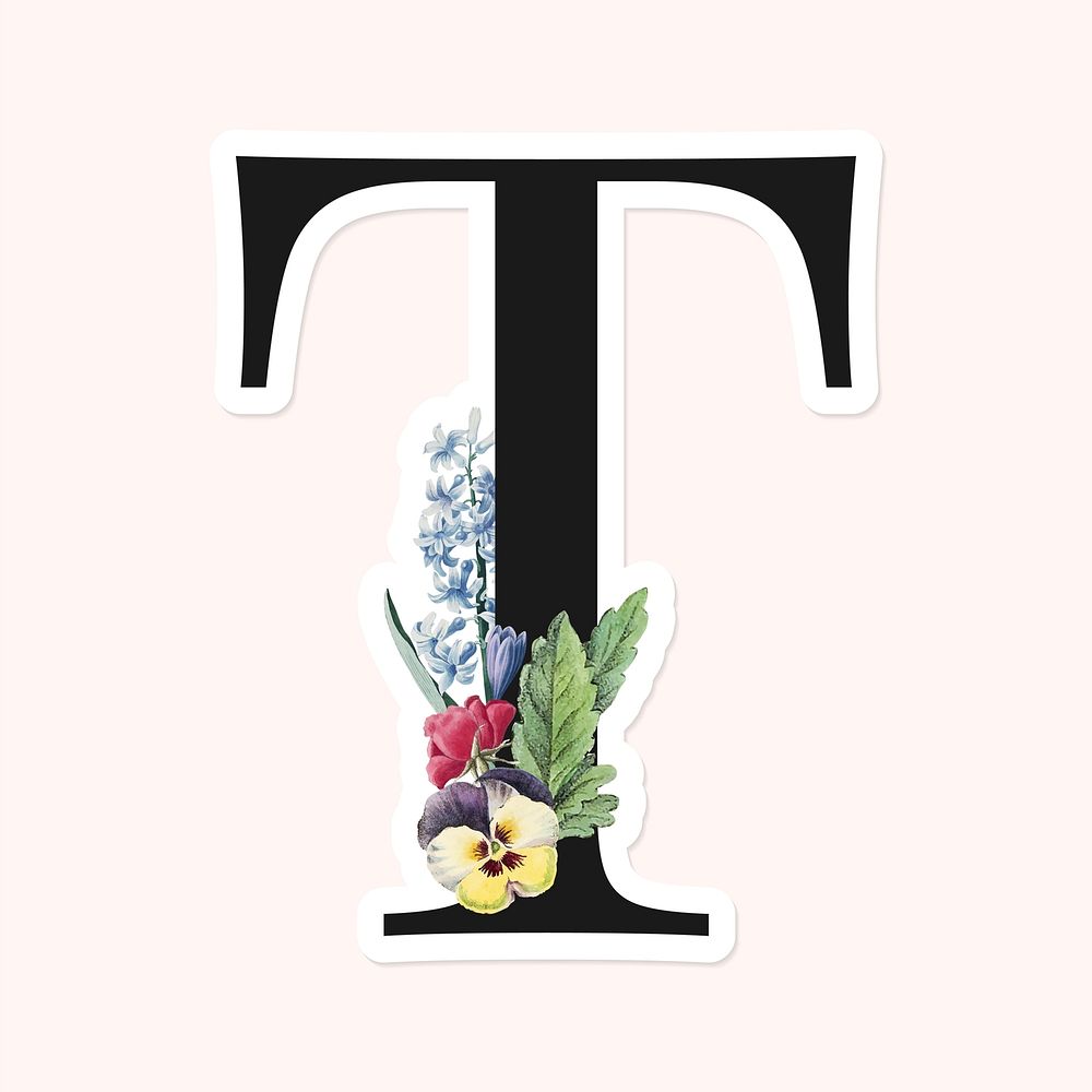 Flower decorated capital letter T sticker vector