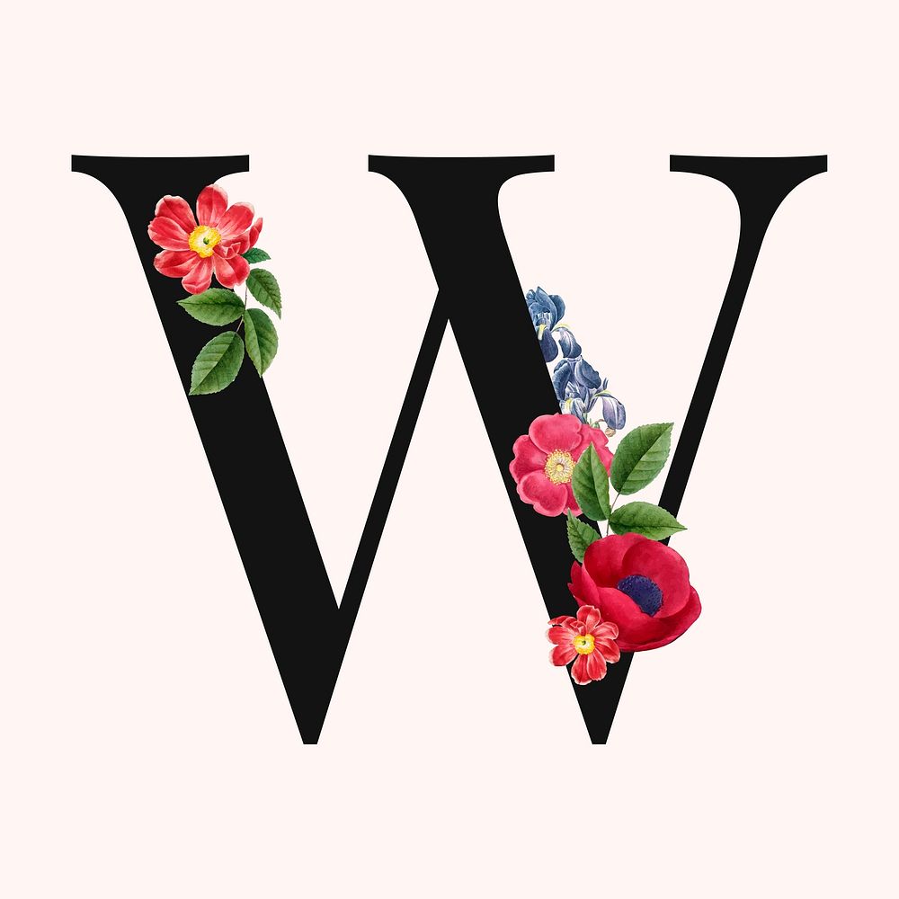 Flower decorated capital letter W typography vector